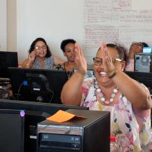 Librarians learning internet and e-resources skills during a workshop in Namibia. 