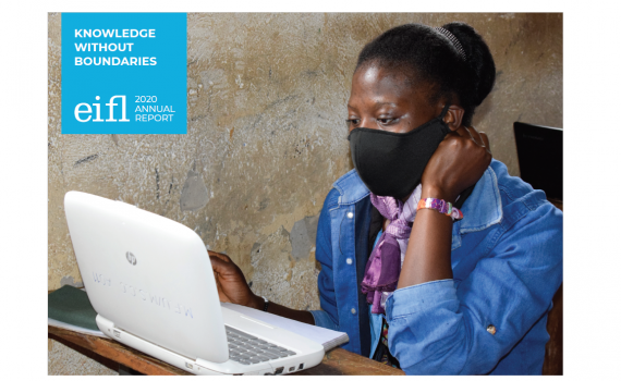 Cover image of the EIFL 2020 Annual Report showing a young woman, wearing a coronavirus protective mask, using a computer in a Ugandan village library.