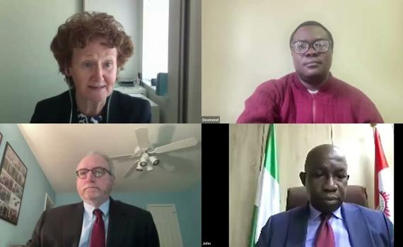 Screenshot from video recording, clockwise from top left, EIFL’s Teresa Hackett introduces speakers Dr Desmond Oriakhogba, Associate Professor, University of the Western Cape, South Africa, Dr John O. Asein, Director-General, Nigerian Copyright Commission, and Jonathan Band PLLC.